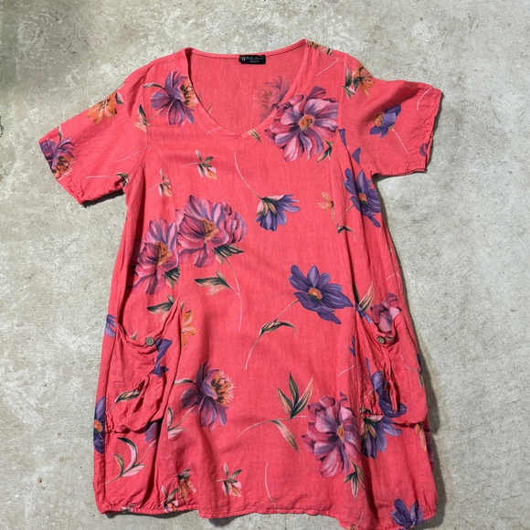 Bella Amore Linen Dress Women’s Medium Orange Red Purple Pockets Floral V-Neck - Picture 7 of 13